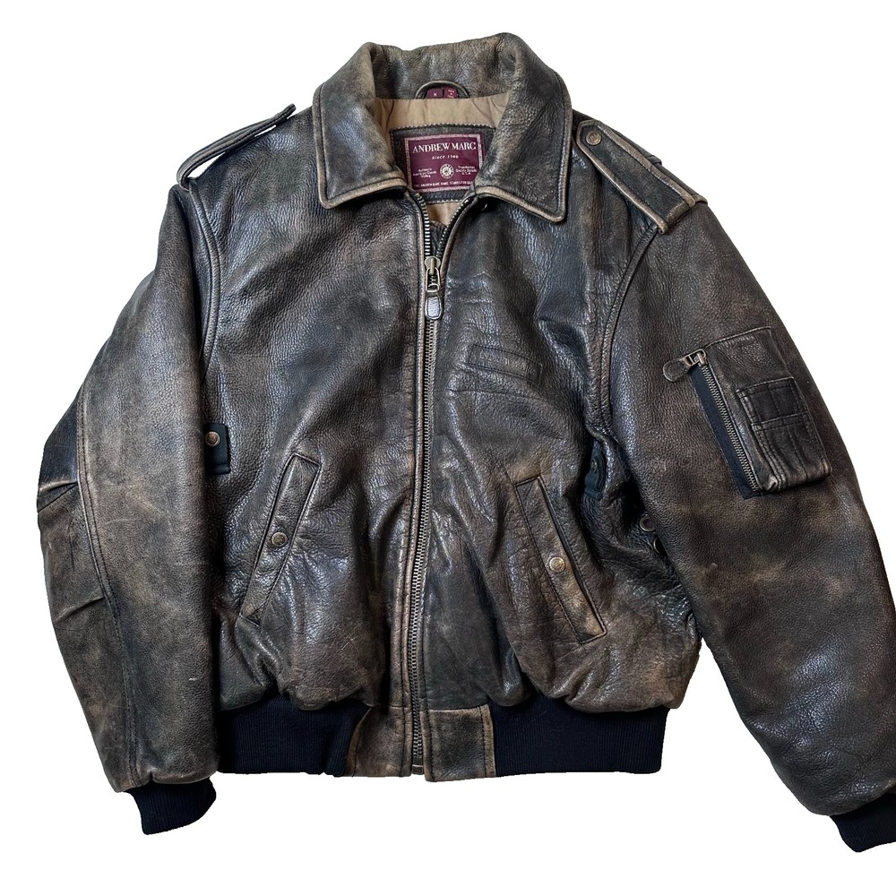VTG Andrew Marc Distressed Brown Leather Bomber Jacket Men M Flight Aviator Moto